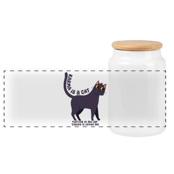 Karma ist eine Katze - Panorama Keksdose mit Holzdeckel - Weiß - Vorne