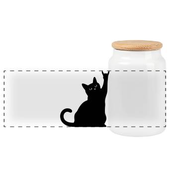 Black Cat – Devil Horns Silhouette - Panoramic Cookie Jar with Wooden Lid - white - Front