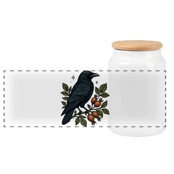 Night crow on berry vine - Panoramic Cookie Jar with Wooden Lid - white - Front