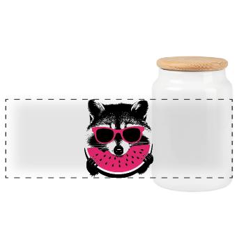 Raccoon in pink sunglasses eating melon - Panoramic Cookie Jar with Wooden Lid - white - Front