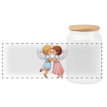 Two angels in love – heavenly embrace - Panoramic Cookie Jar with Wooden Lid - white - Front