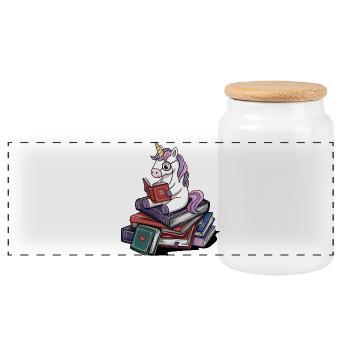 Bookworm Unicorn Magical Reading Books Art - Panoramic Cookie Jar with Wooden Lid - white - Front