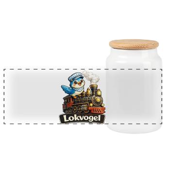 Lokvogel Vogel auf Lokomotive Geschenk Shirt Witz - Panorama Keksdose mit Holzdeckel - Weiß - Vorne