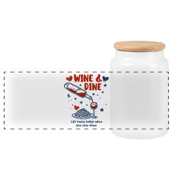 Wine and Dine – Pasta Love & Enjoyment Saying - Panoramic Cookie Jar with Wooden Lid - white - Front