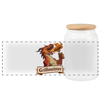 Grillmeister Drache mit Feuerwurst - Panorama Keksdose mit Holzdeckel - Weiß - Vorne