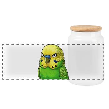 Vibrant Budgie Green Yellow - Panoramic Cookie Jar with Wooden Lid - white - Front