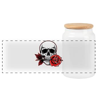 Skull Rose for Gothic Rockabilly Tattoo Fans - Panoramic Cookie Jar with Wooden Lid - white - Front