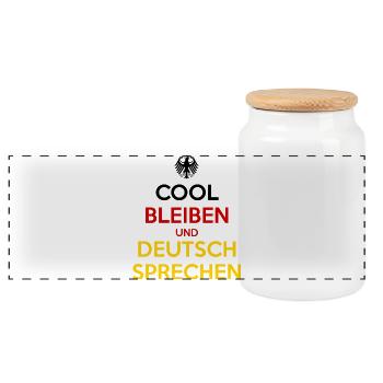 Cool Bleiben und Deutsch Sprechen - Panorama Keksdose mit Holzdeckel - Weiß - Vorne