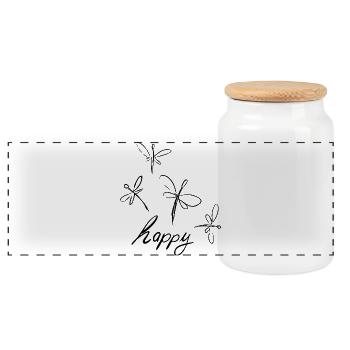 Libellen Zeichnung mit - happy - Schriftzug - Panorama Keksdose mit Holzdeckel - Weiß - Vorne