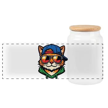 Katze mit Sonnenbrille - Panorama Keksdose mit Holzdeckel - Weiß - Vorne