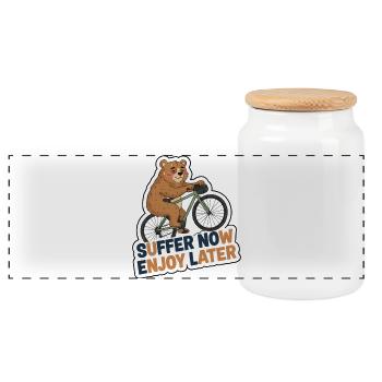 Suffer Now Enjoy Later Cycling Bear Sticker - Panoramic Cookie Jar with Wooden Lid - white - Front