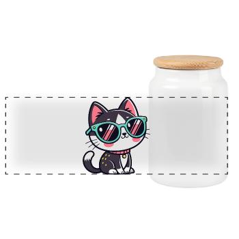 Chat lunettes vertes kawaii - Boîte à biscuits avec couvercle en bois - blanc - Devant