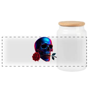 Skull Rose Dark Art Neon Skull Motif - Panoramic Cookie Jar with Wooden Lid - white - Front