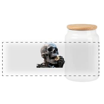 Realistic Skeleton Skull with Bitcoin Coin - Panoramic Cookie Jar with Wooden Lid - white - Front