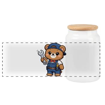 Petit Ours Artisan avec une clé à molette - Boîte à biscuits avec couvercle en bois - blanc - Devant