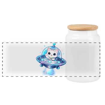 Kawaii Cats UFO Space Friend - Panoramic Cookie Jar with Wooden Lid - white - Front