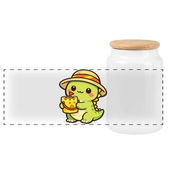 Kawaii Dino mit Kuchenhut - Panorama Keksdose mit Holzdeckel - Weiß - Vorne
