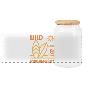 Sonnengeküsst Shirt – Sommer Strand Surf Urlaub  - Panorama Keksdose mit Holzdeckel - Weiß - Vorne