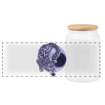 Cool snow leopard big cat in front of crescent moon moon - Panoramic Cookie Jar with Wooden Lid - white - Front