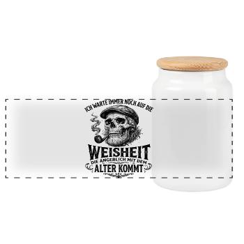 Weissheit,Totenkopf mit Pfeife, Mütze Geburtstag - Panorama Keksdose mit Holzdeckel - Weiß - Vorne