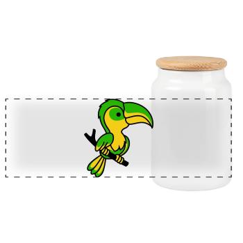 Neon Toucan in Green and Yellow - Panoramic Cookie Jar with Wooden Lid - white - Front