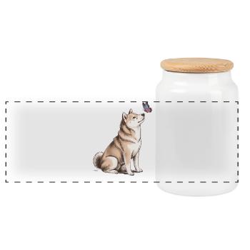 Akita Inu Dog with Butterfly Motif - Panoramic Cookie Jar with Wooden Lid - white - Front