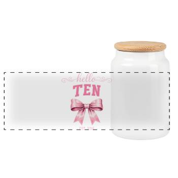 Hello Ten 10 Year Old Is 2016 Birthday Knot - Panoramic Cookie Jar with Wooden Lid - white - Front
