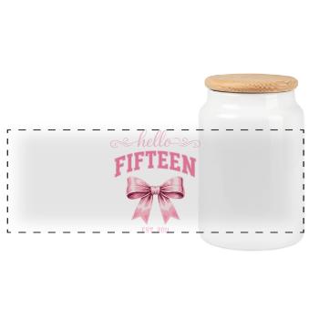 Hello Fifteen 15 Year Old Is 2011 Birthday Knot - Panoramic Cookie Jar with Wooden Lid - white - Front