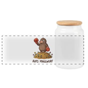 Aufs Maulwurf – Lustiges Boxer Wortspiel - Panorama Keksdose mit Holzdeckel - Weiß - Vorne