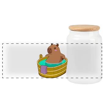 Capybara Bade- und Wellnesszeit - Gemütliches Kawaii-Geschenk - Panorama Keksdose mit Holzdeckel - Weiß - Vorne