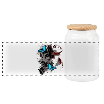 Floral Face and Blue Butterflies - Panoramic Cookie Jar with Wooden Lid - white - Front