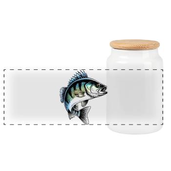 Jumping Perch Dynamic Fish Illustration - Panoramic Cookie Jar with Wooden Lid - white - Front
