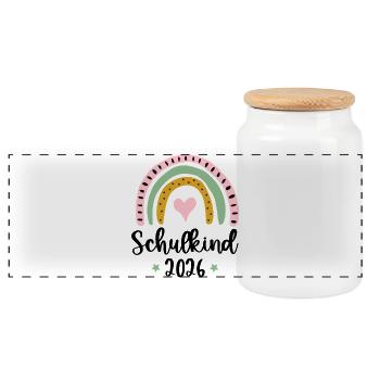 Schulkind 2026 Einschulung Mädchen Regenbogen - Panorama Keksdose mit Holzdeckel - Weiß - Vorne