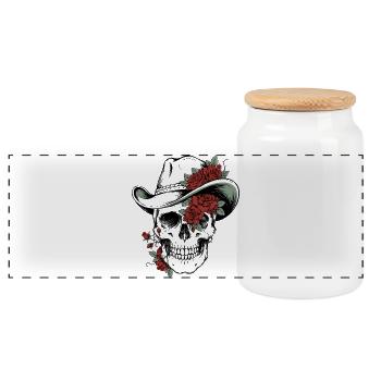 Totenkopf Schädel Cowboy Hut Rosen Blüten Western  - Panorama Keksdose mit Holzdeckel - Weiß - Vorne