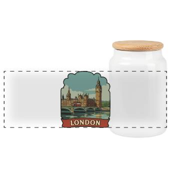 London Big Ben Red Bus Vintage Travel Badge - Panoramic Cookie Jar with Wooden Lid - white - Front