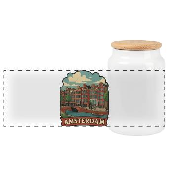 Amsterdam Canals Vintage Travel Sticker Badge - Panoramic Cookie Jar with Wooden Lid - white - Front
