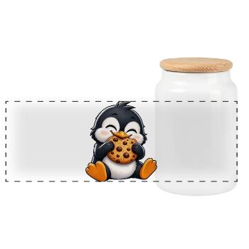 Cute Penguin Cartoon Cookies Snacking Comic Nibbling - Panoramic Cookie Jar with Wooden Lid - white - Front