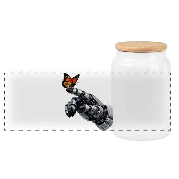 Mechanical Hand Meets Butterfly - Panoramic Cookie Jar with Wooden Lid - white - Front