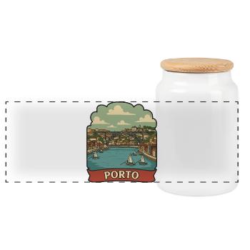 Porto Portugal Dom Luis Bridge Retro Travel Badge - Panoramic Cookie Jar with Wooden Lid - white - Front