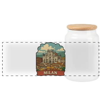 Milan Cathedral Italy Retro Travel Sticker Badge - Panoramic Cookie Jar with Wooden Lid - white - Front