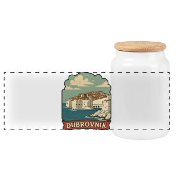 Dubrovnik Croatia Old Town Walls Retro Badge - Panoramic Cookie Jar with Wooden Lid - white - Front