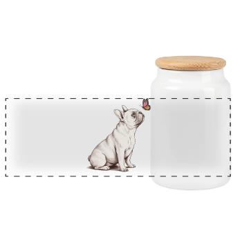 Frenchie Dog Drawing with Butterfly - Panoramic Cookie Jar with Wooden Lid - white - Front
