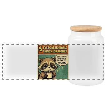 Humor Work Raccoon | Funny Coffee Gift - Panoramic Cookie Jar with Wooden Lid - white - Front