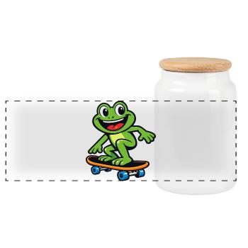 Frosch auf Skateboard – Cartoon-Design - Panorama Keksdose mit Holzdeckel - Weiß - Vorne