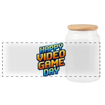 Happy Video Game Day - Panoramic Cookie Jar with Wooden Lid - white - Front