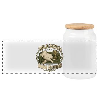 Gold Medal in Doing Nothing Cat - Panoramic Cookie Jar with Wooden Lid - white - Front