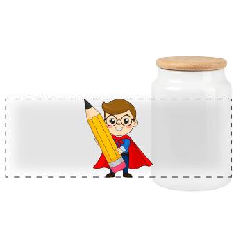Superheld mit Stift & Brille zur Einschulung - Panorama Keksdose mit Holzdeckel - Weiß - Vorne