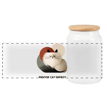 Indoor Cat Energy Retro Illustration Design - Panoramic Cookie Jar with Wooden Lid - white - Front