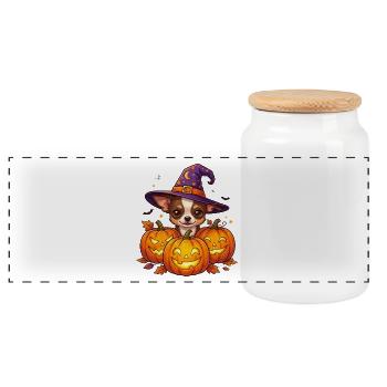 Halloween Chihuahua Pumpkin Witch - Panoramic Cookie Jar with Wooden Lid - white - Front