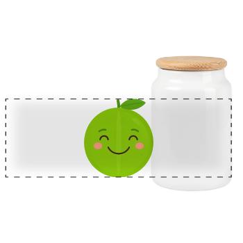 Green Kawaii Apple – Sweet Fruit Cartoon Graphic - Panoramic Cookie Jar with Wooden Lid - white - Front